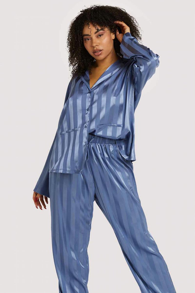 Stripe Satin Pyjama Set Blue- WWL900 – Bravo Bra Boutique