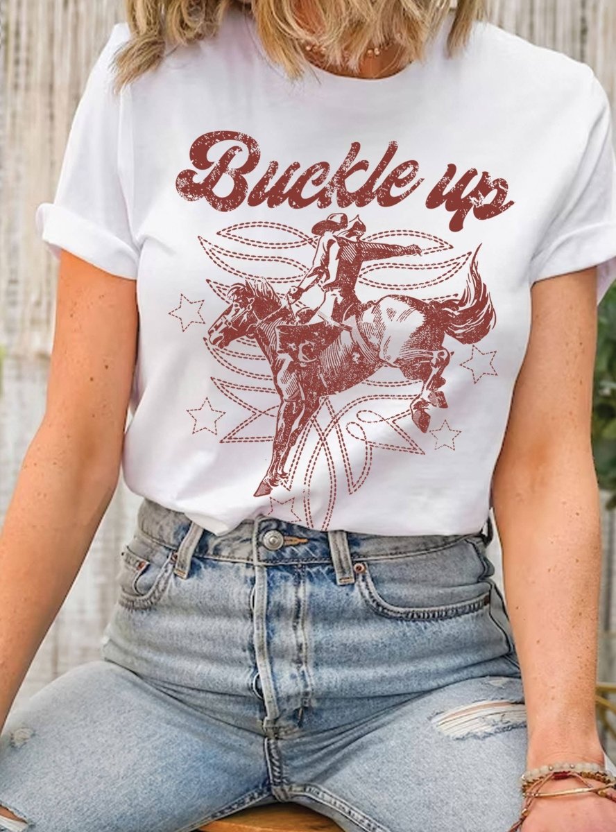 Rustee ClothingBUCKLE UP COWBOY BOOTS STITCH PATTERN GRAPHIC TEEBravo Bra Boutique