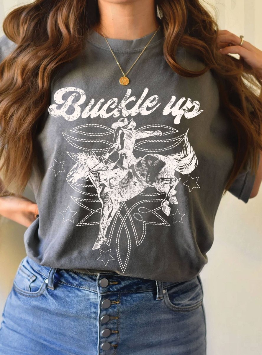 Rustee ClothingBUCKLE UP COWBOY BOOTS STITCH PATTERN GRAPHIC TEEBravo Bra Boutique