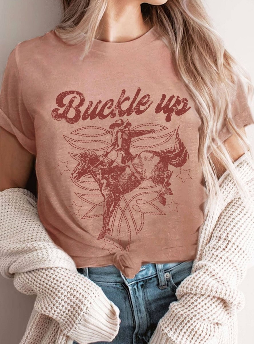Rustee ClothingBUCKLE UP COWBOY BOOTS STITCH PATTERN GRAPHIC TEEBravo Bra Boutique