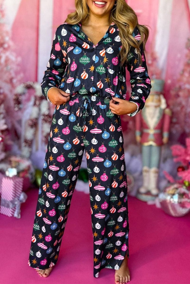 PRETTY BASHChristmas Ornaments Shirt and Pants Pajama Set Navy P605Bravo Bra Boutique
