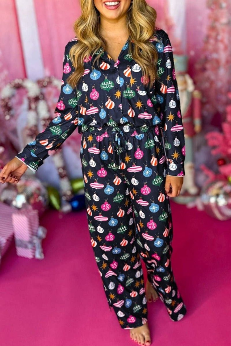 PRETTY BASHChristmas Ornaments Shirt and Pants Pajama Set Navy P605Bravo Bra Boutique