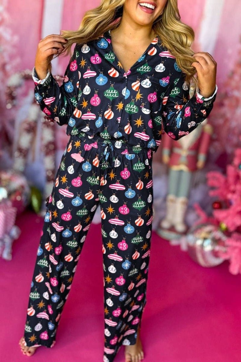 PRETTY BASHChristmas Ornaments Shirt and Pants Pajama Set Navy P605Bravo Bra Boutique