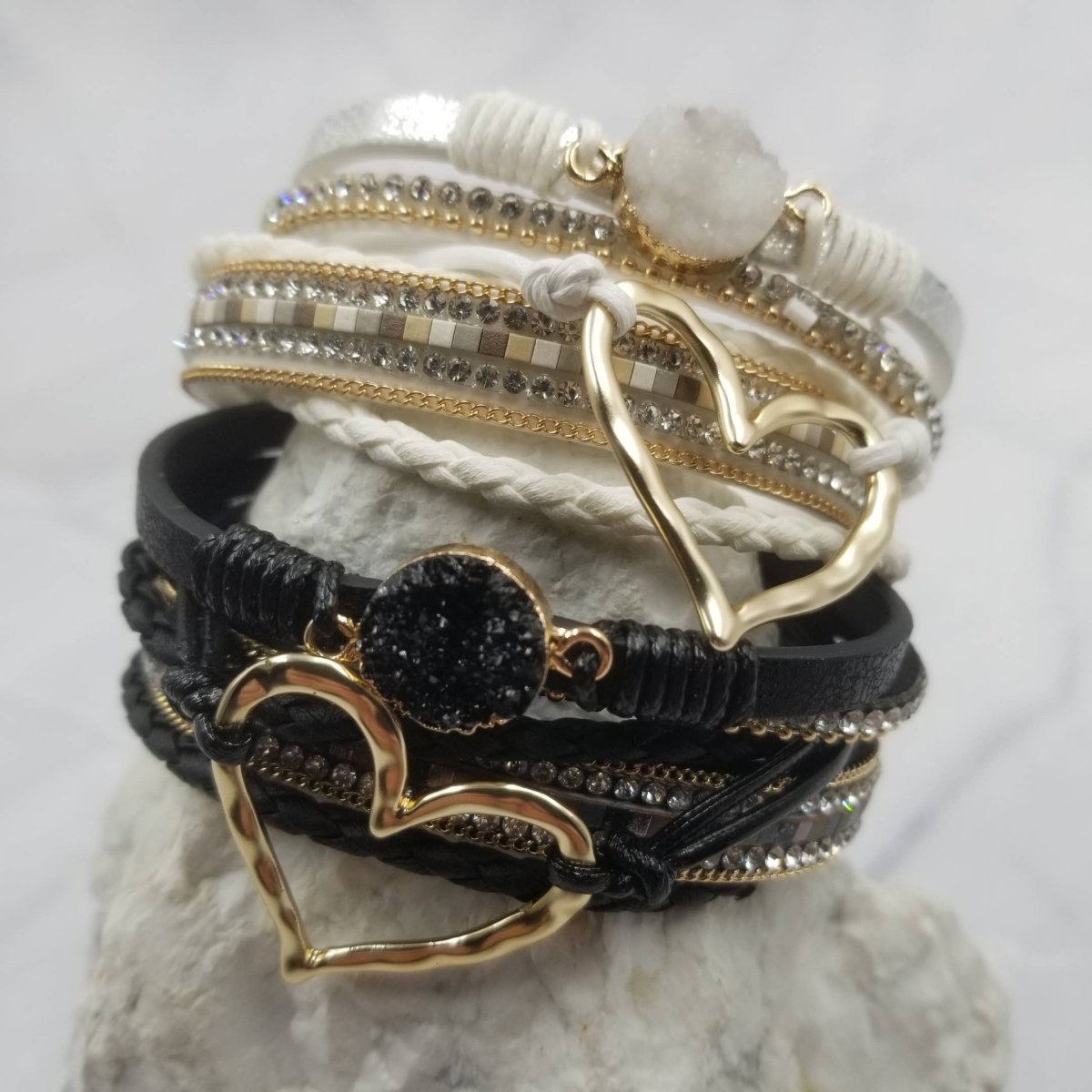 The Pretty JewelleryCrystal Heart Magnetic Snap Bracelet – Boho Layered Leather & RhinestoneBravo Bra Boutique