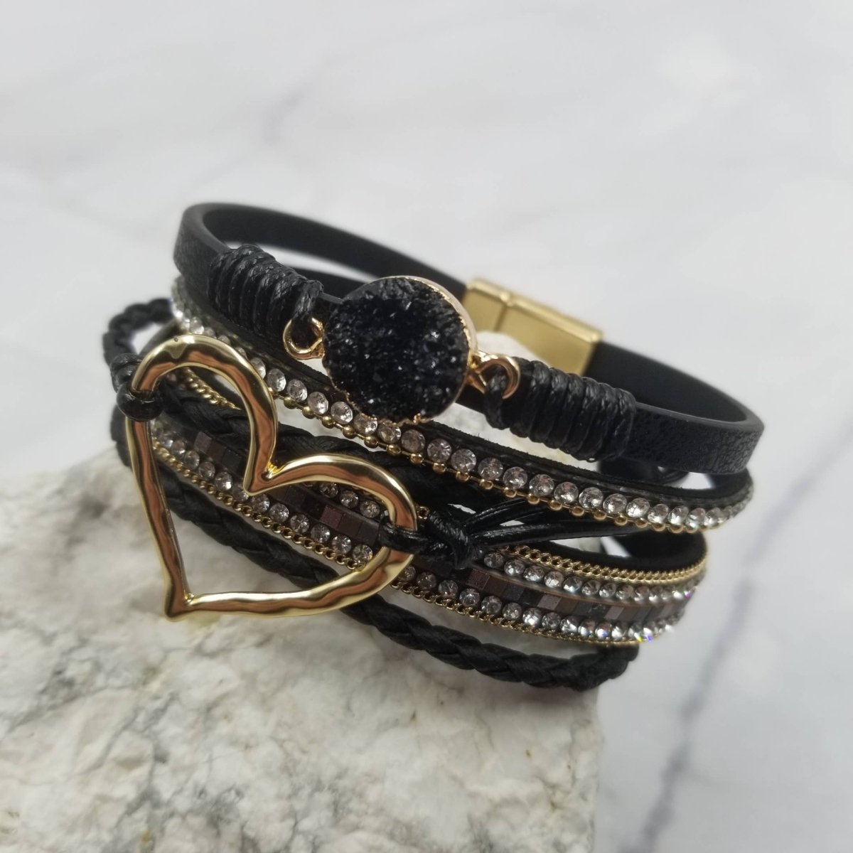 The Pretty JewelleryCrystal Heart Magnetic Snap Bracelet – Boho Layered Leather & RhinestoneBravo Bra Boutique