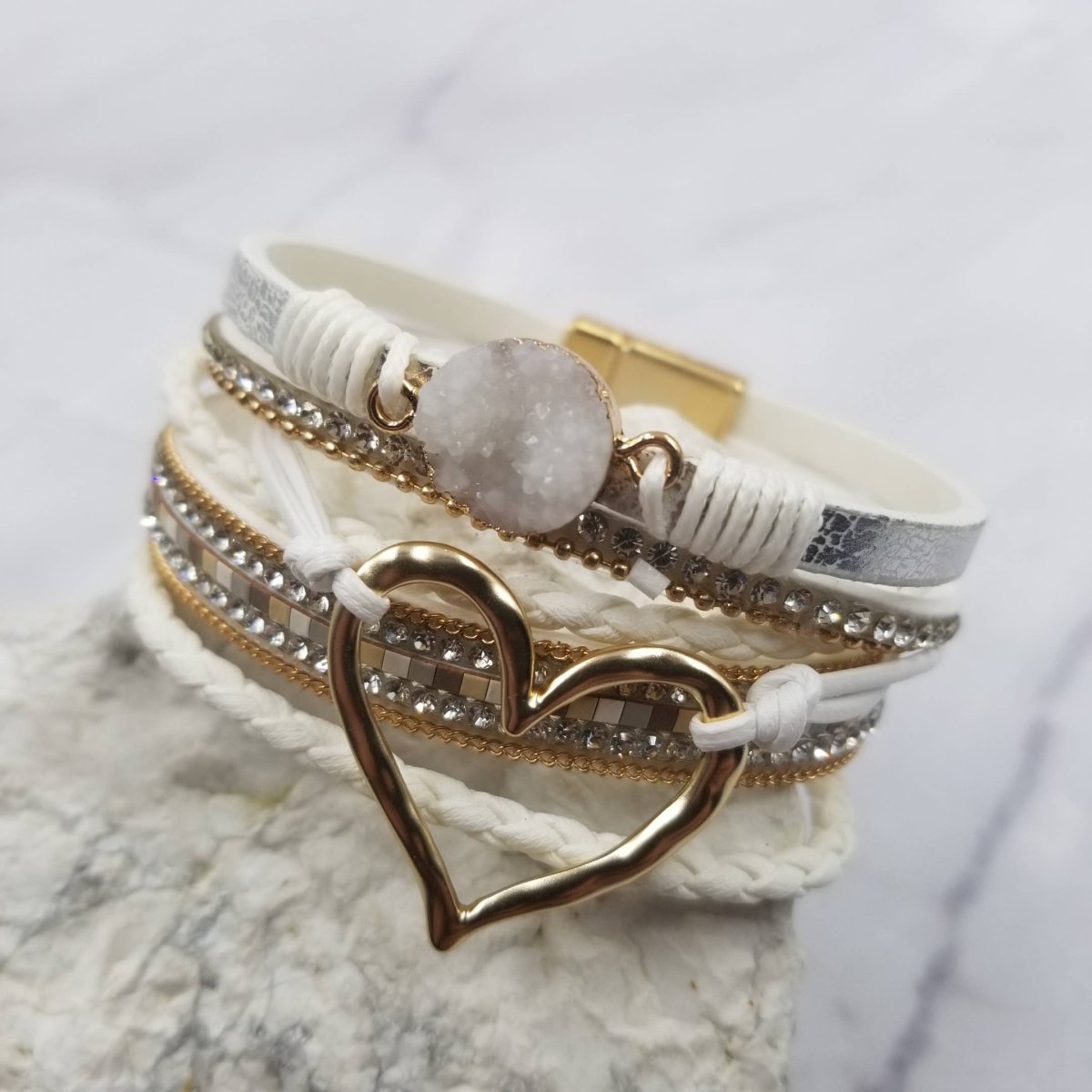 The Pretty JewelleryCrystal Heart Magnetic Snap Bracelet – Boho Layered Leather & RhinestoneBravo Bra Boutique