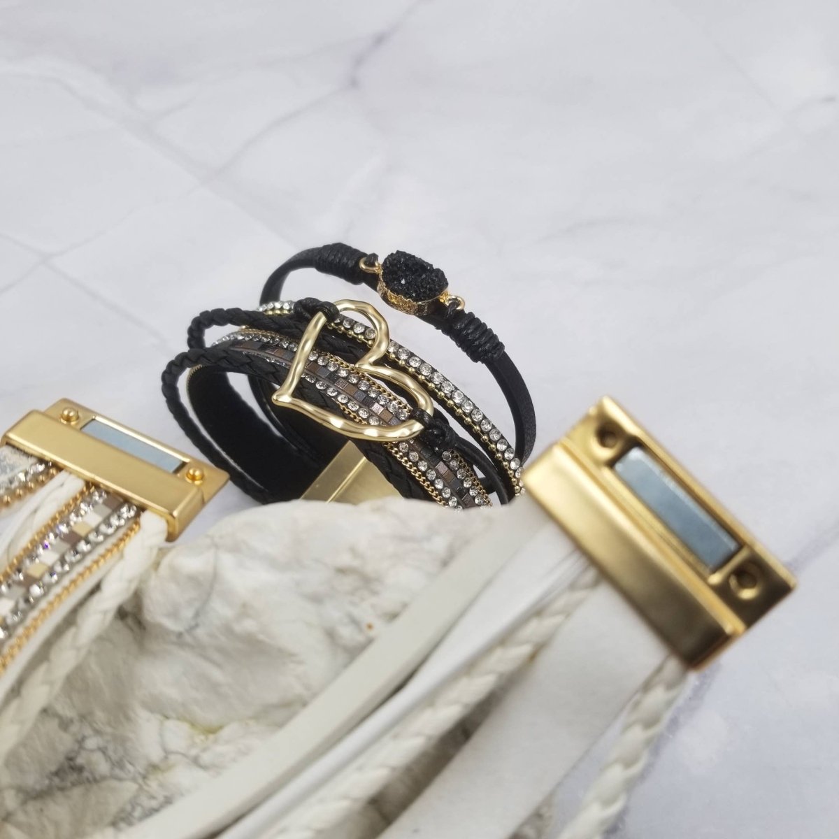 The Pretty JewelleryCrystal Heart Magnetic Snap Bracelet – Boho Layered Leather & RhinestoneBravo Bra Boutique