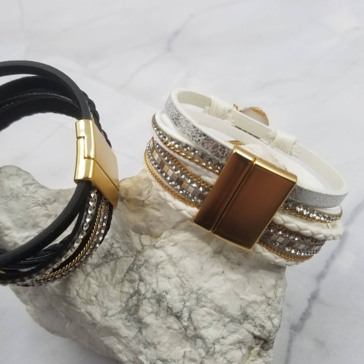 The Pretty JewelleryCrystal Heart Magnetic Snap Bracelet – Boho Layered Leather & RhinestoneBravo Bra Boutique