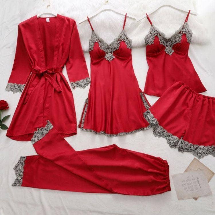 SALINA TRADING INCElegant Edgy Color Blocking Red Satin Pajamas Set – Women’s Five - Piece Chic LoungewearBravo Bra Boutique