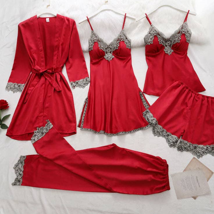 SALINA TRADING INCElegant Edgy Color Blocking Red Satin Pajamas Set – Women’s Five - Piece Chic LoungewearBravo Bra Boutique