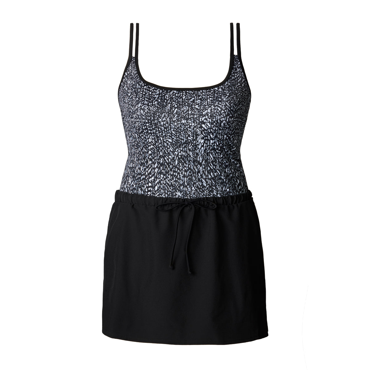Black and silver dress with sequin top on a plain background
