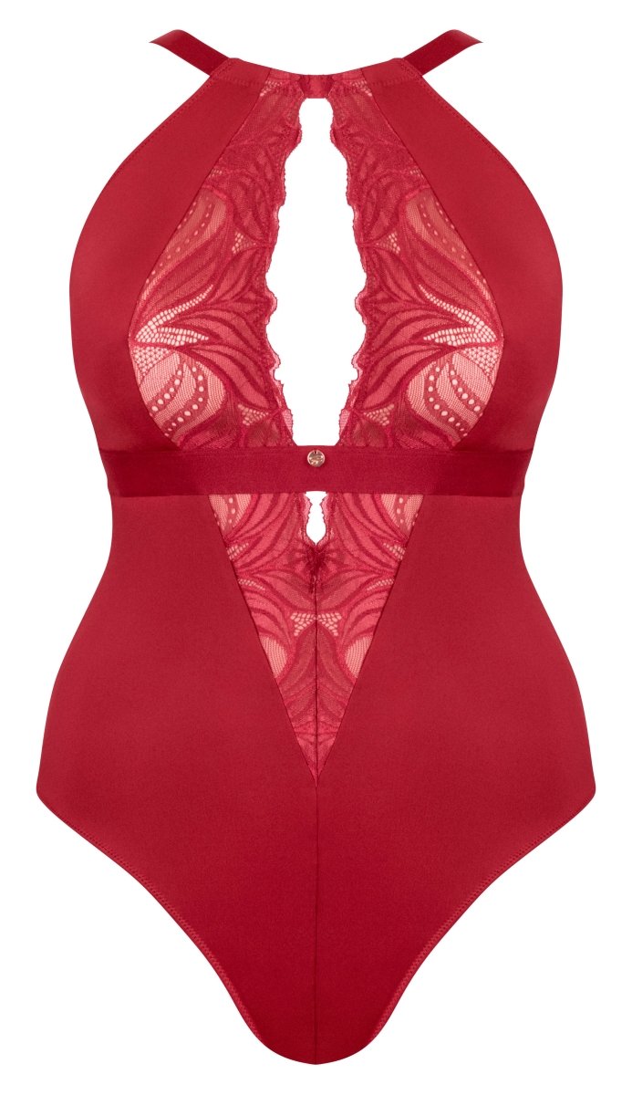 Saint Genies mesh underwire vinyl corset bodysuit in red