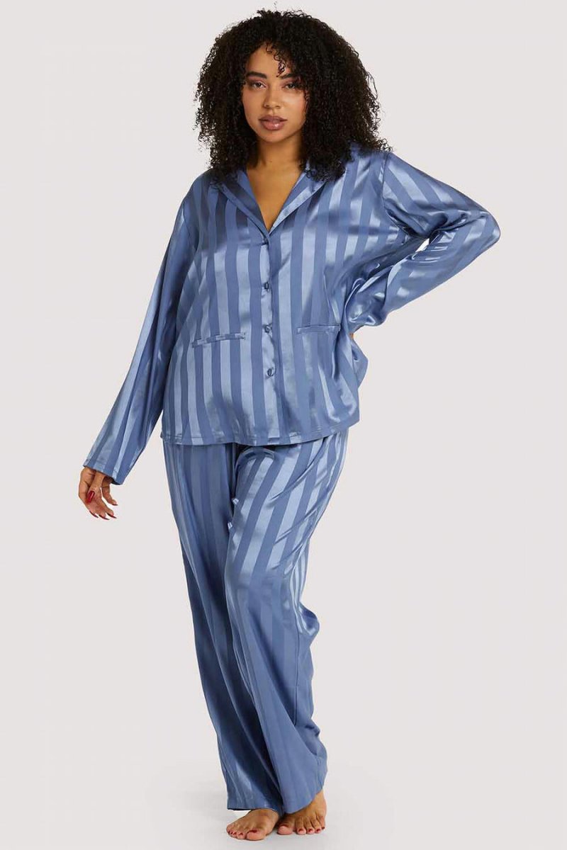 Stripe Satin Pyjama Set Blue- WWL900 – Bravo Bra Boutique